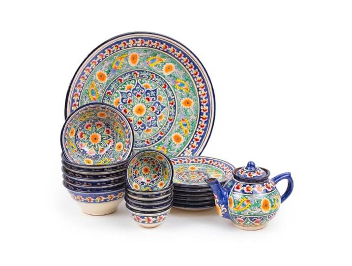 Rischtan Keramik Tafelservice Plov-Set KaraKalam Blau-Gelb Handbemalt Usbekische Servierplatte Lagan + Teller + Piala Ljagan Orientalisches Geschirr чайный сервиз плов Ляган (Tee-Set 21 tlg.)