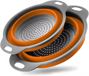 Inspire Curations FlexDrain Collapsible Silicone Colander Basket orange Set
