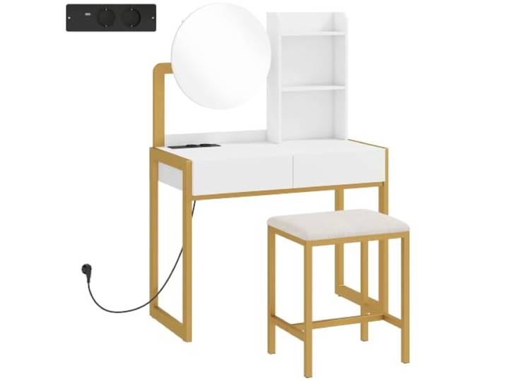 Schminktisch Spiegel und Hocker, 80 x 42 x 130 cm, Ladestation und Aufbewahrung, modern, aus Spanplatten, weiß, 21_0003792