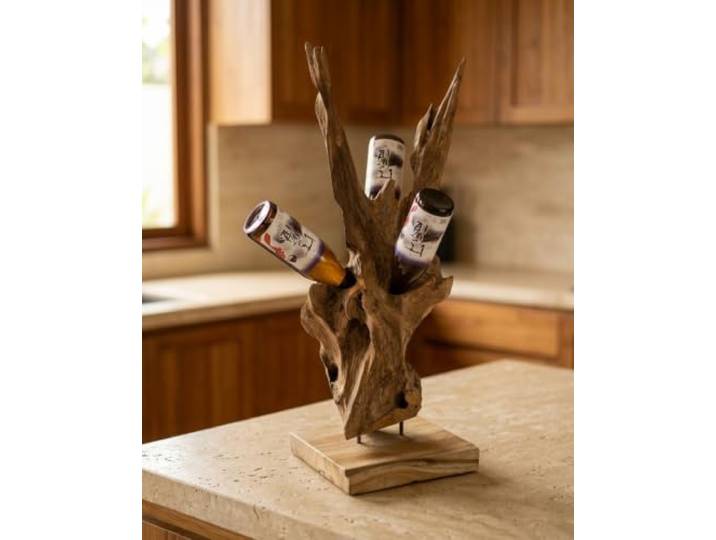Kinaree Teak Wurzelholz Flaschenständer – Handgefertigtes Holz Weinregal – Natur Deko Skulptur – Unikat Flaschenhalter 75–85 cm – Massives Root Wood Display (L)