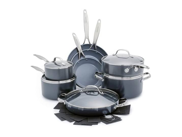 GreenPan Valencia Pro Harteloxiertes, gesundes, keramisches Non-Stick 16-teiliges Topf- und Pfannenset, Kochgeschirrset, PFAS-frei, Induktion, spülmaschinenfest, backofenfest, grau