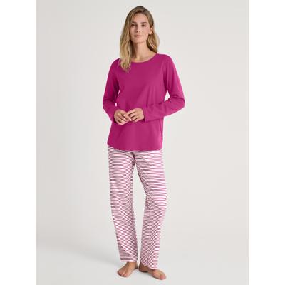 Schlafanzug CALIDA, Damen, Gr. L (48/50), pink (very berry), Single Jersey, Obermaterial: 100% Baumwolle, bequem lang, Rundhals, Homewear-Sets Schlafanzug, Rundhalsausschnitt, langarm, Oberteil uni, Hose mit Streifen