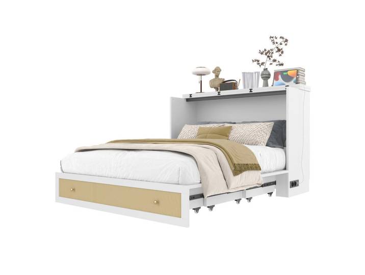 Modfu Polsterbett aus MDF 140x200 cm in Weiß mit Usb, Steckdose & Schublade, 140x200 cm, Schlafzimmer, Betten, Polsterbetten
