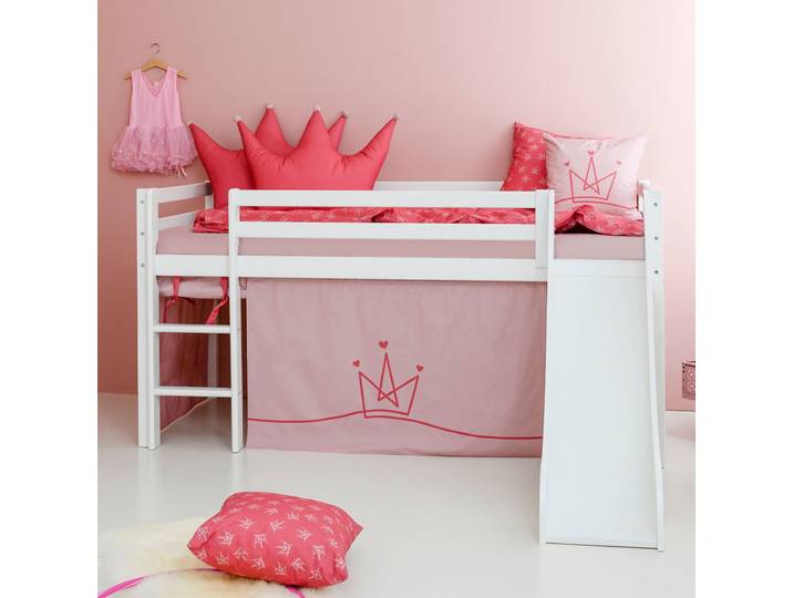 Hochbett HOPPEKIDS «Princess» , weiss (weiß, pale rose, weiß, weiß), B:101cm H:9cm L:208cm, Bett: 100% Massivholz, Nordische Kiefer;Rutsche: MDF;Vorhang: 100% Baumwolle;Matratze: PU-Schaum;Matratzenbezug: 100% Baumwolle, Hochbetten, Hochbett, Rutsche & Vorhang Rosa und viel Auswahl