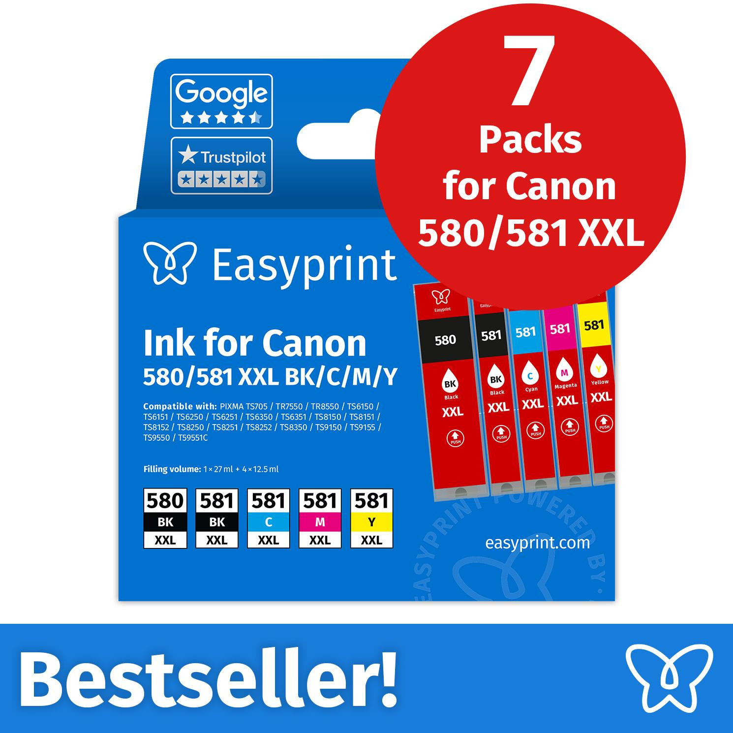Easyprint Inktcartridges voor Canon 580/581 XXL multipack, 7 stuks (BK/BK/C/M/Y)
