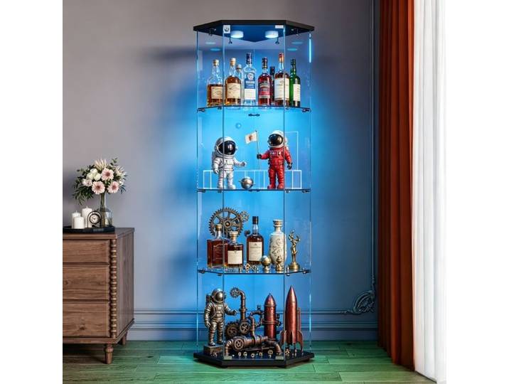 Vitrine d'angle en verre 1 porte 4 étagères LED tactile pour collection meuble vitrine noir