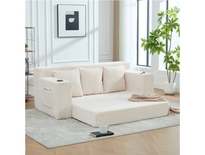 MEUBLIV Canapé modulable 3 places convertible en corduroy beige porte-gobelet poches latérales sans montage