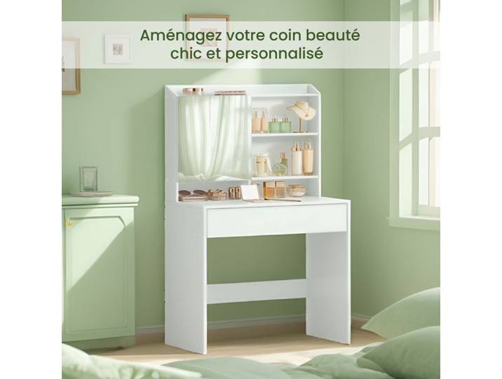 VASAGLE KAILYN Collection - Coiffeuse avec Grand Miroir Table de Maquillage avec Tiroir et Compartiments Coin Beauté Blanc