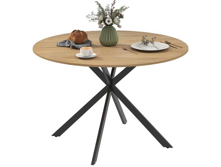 CollaHausse Table Ronde 4 Places Style Industriel Plateau Aspect Bois Pieds Acier Chêne