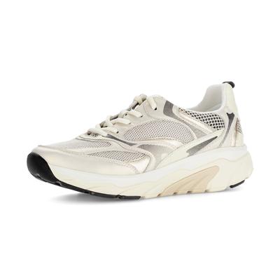 Keilsneaker GABOR, Damen, Gr. 38, Textil, beige (goldfarben kombiniert), Kalbsleder, Lackleder, Textil, Schuhe Sneaker, Freizeitschuh, Halbschuh, Schnürschuh mit rollingsoft-Laufsohle