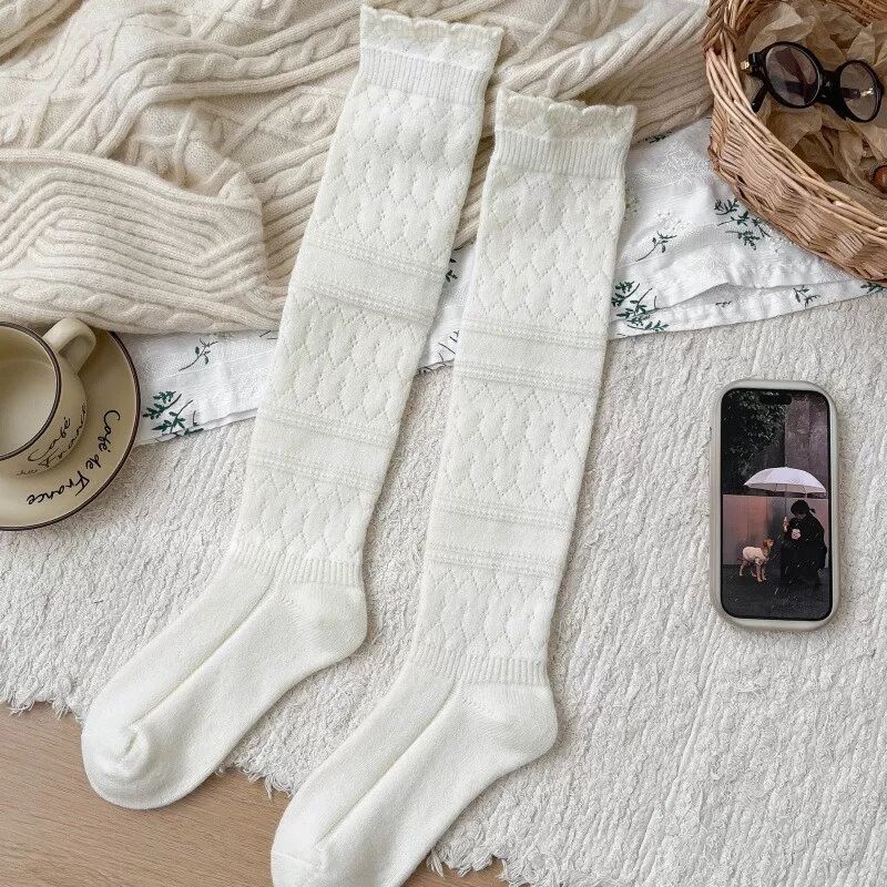 INF Chaussettes hautes en cachemire mélangé - Tricot chaud au-dessus du genou pour femmes Blanc