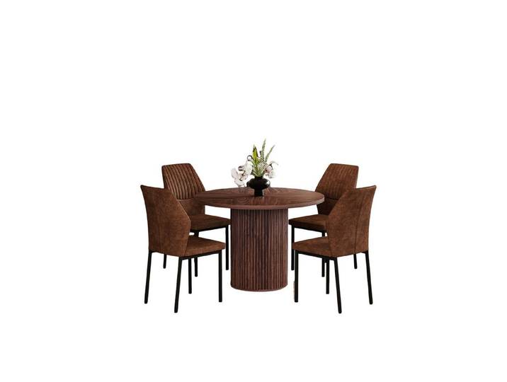 JUFU Esstisch Esstisch-Set rund, 100cm Holzoptik & 4 Kunstleder-Stühle, Modern