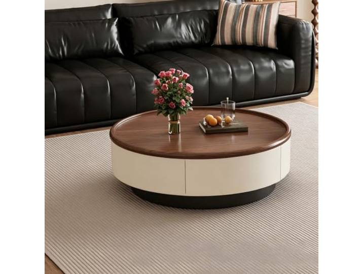 Runder moderner Couchtisch, minimalischer Holz-Mitteltisch für Wohnzimmer Massivholzrahmen, Sintersteinplatte, versteckter Stauraum, abgerundete Ecken für Wohnzimmer & Luxuswohnungen(B(PVC),23.6in)