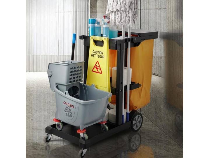 Chariot de ménage professionnel 3 niveaux en PP avec sac et couvercle, capacité 90,7 kg, déplacement fluide, pour le nettoyage et l'entretien des bureaux et hôtels, noir