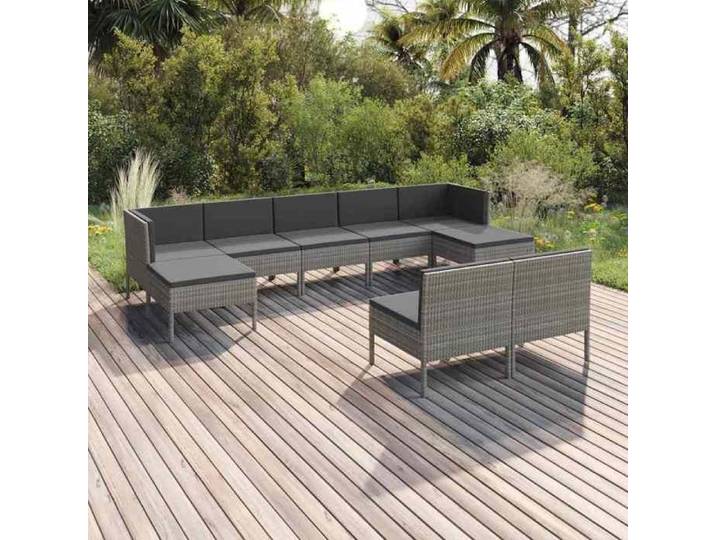 Salon de jardin résine tressée gris coussins inclus mobilier extérieur 9 pièces terrasse