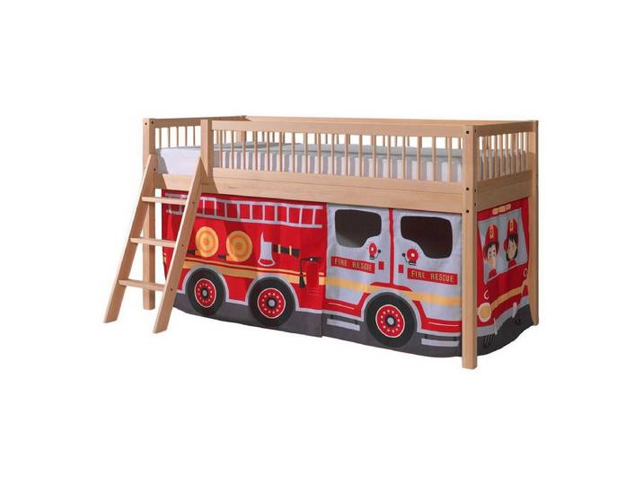 58 aufm Kessel Kinderbett Halbhohes Bett Kelci 90x200 Textilset Fire Rescue Buche Massivholz (inkl. Versand, Lieferung bis Verwendungsstelle), Feuerwehr-Design für kleine Helden