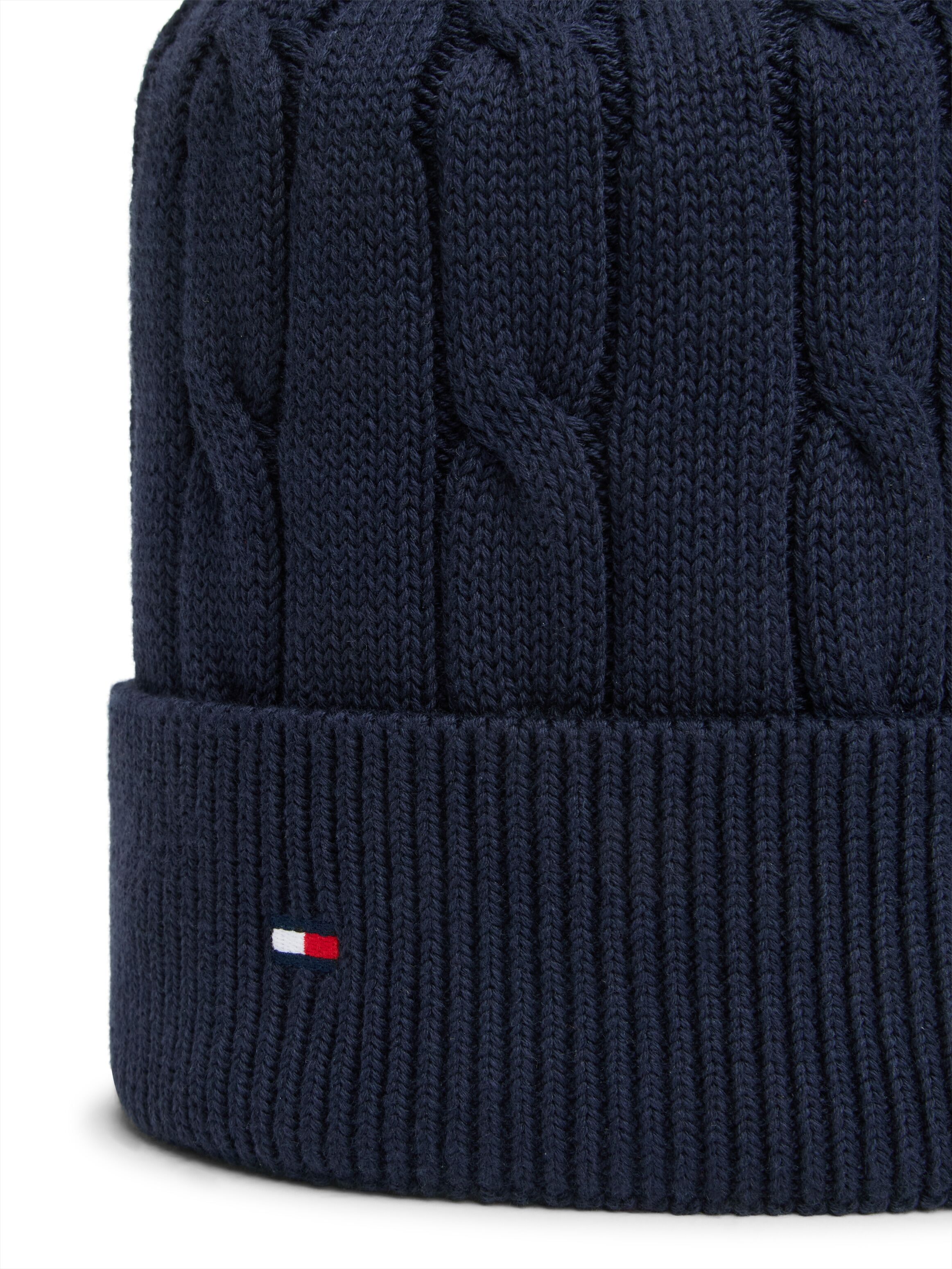 Beanie TOMMY HILFIGER "ESSENTIAL CABLE BEANIE", Gr. S/M, dunkelblau, Strick, Baumwolle, unifarben, Mützen Beanie, Regular fit mit Markenlogo dunkelblau S/M
