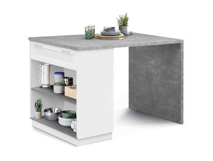 IDMarket - Zentrale Insel mit Stehtisch für 4 Personen VITO 130 cm weiß und Platte mit Betoneffekt