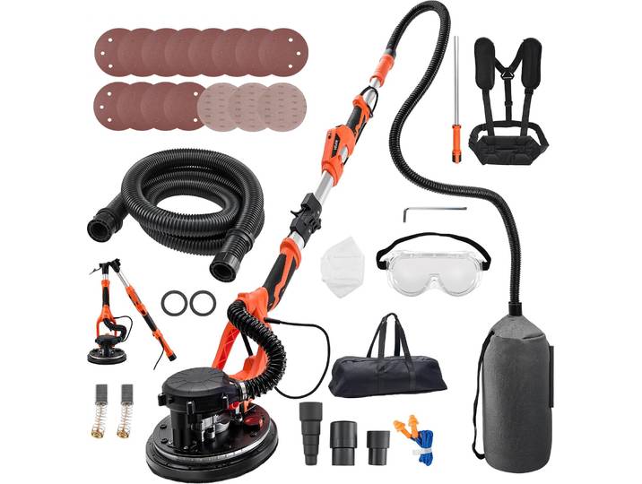 Ponceuse à sec VEVOR 1150 W\, ponceuse à plafond avec plateau de ponçage de 255 mm\, ponceuse à long col avec aspiration de poussière\, vitesse de rotation de 800 à 1700 tr/min\, éclairage LED\, poignée télescopique\, 15 disques abrasifs
