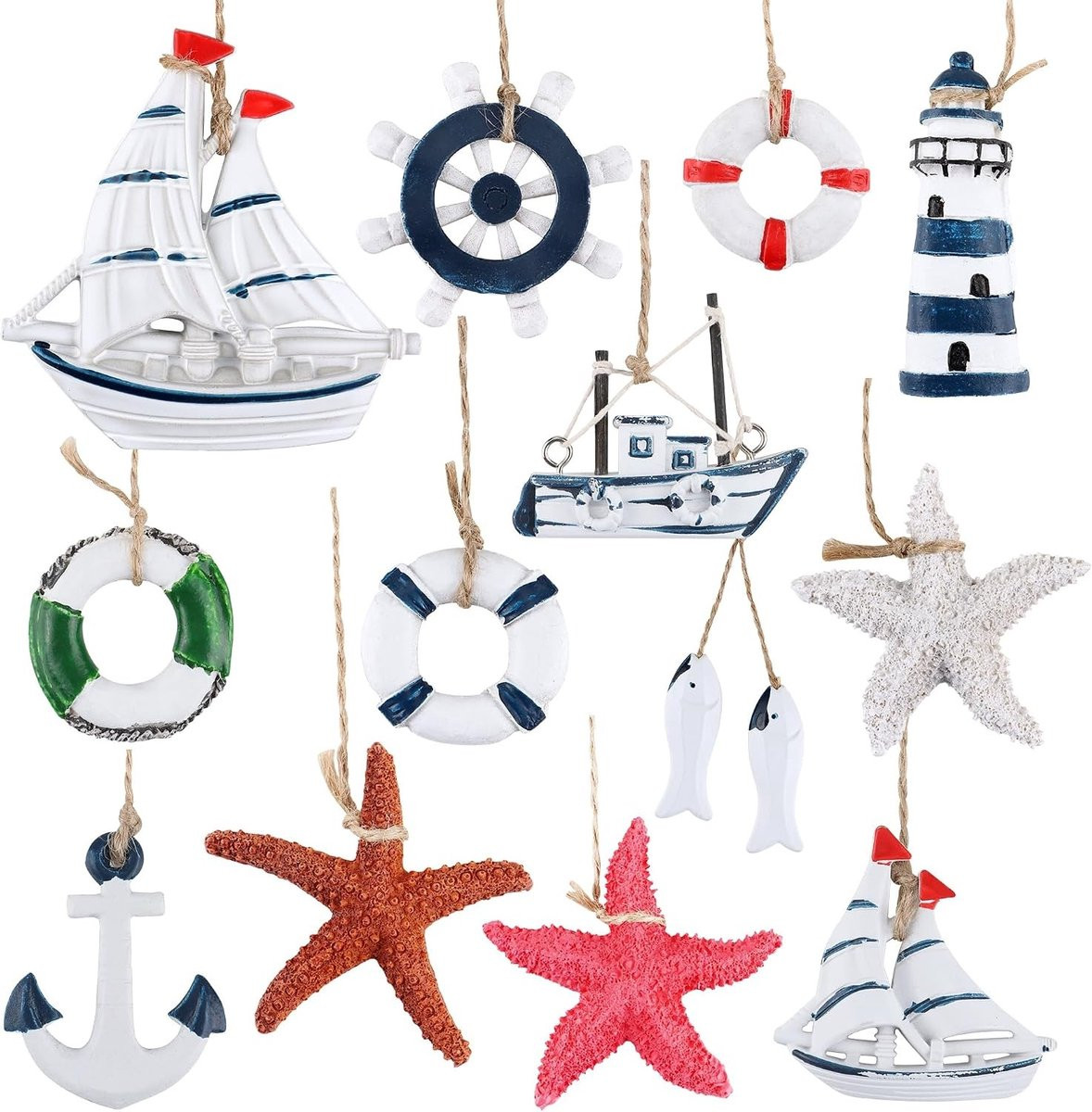 13-delige Marine Hangdecoratie Set met Houten Anker, Stuurrad en Mini Vissersnet voor Wanddecoratie en Kustthema Interieur