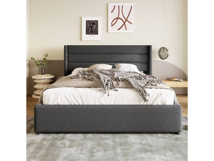 Merax Lit Rembourré - 160x200 cm - Tissu Gris - Coffre Hydraulique - Lit Double avec Rangement