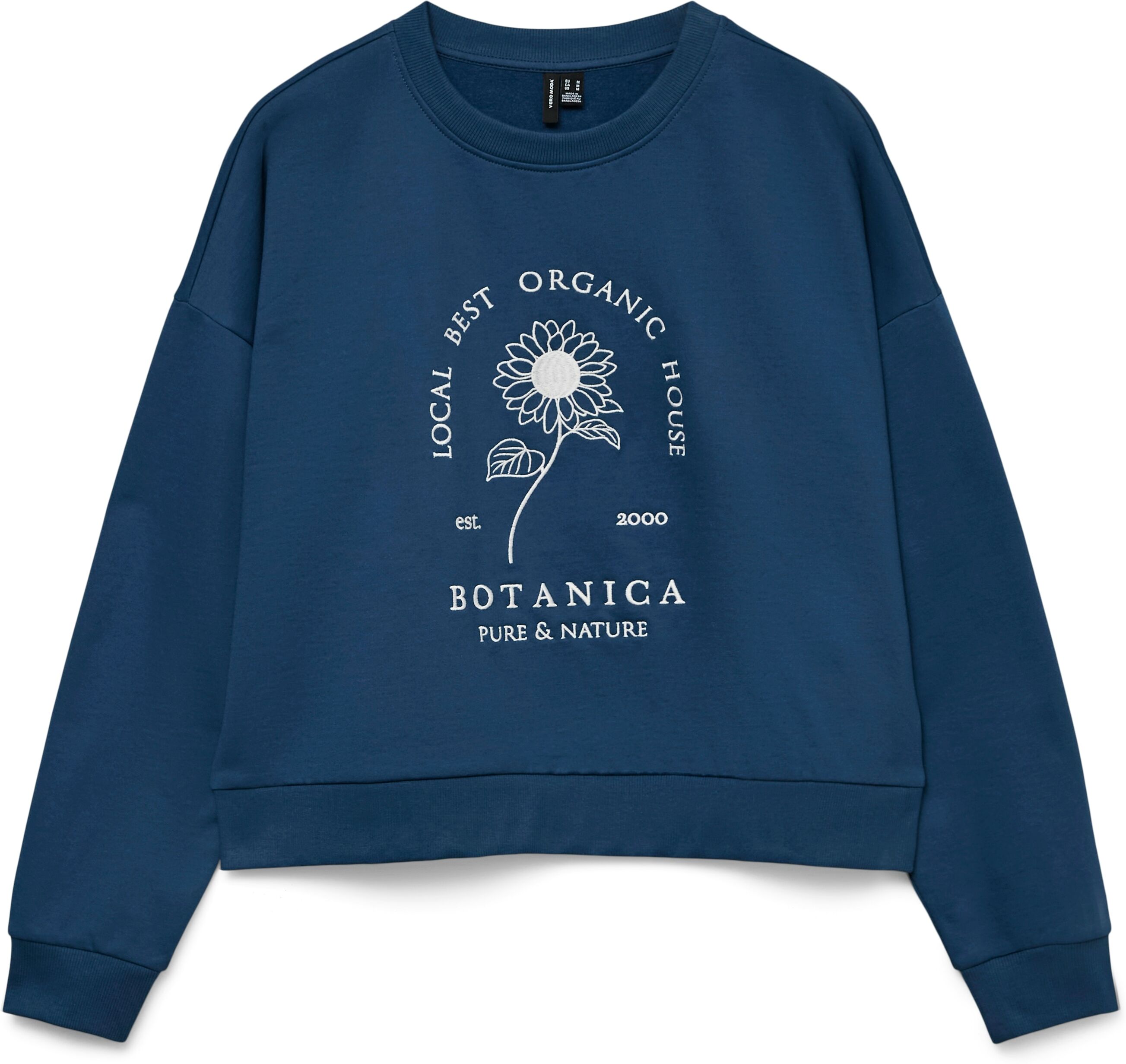 Sweatshirt VERO MODA "VMULLA TRINA LS SWEAT BOX JRS", Damen, Gr. M, blau (schwarz denim print:local), Sweatware, Obermaterial: 60% Baumwolle, 40% Polyester, bedruckt, regular fit normal, Rundhals, Sweatshirts Sweatshirt, mit Print schwarz denim print:loca