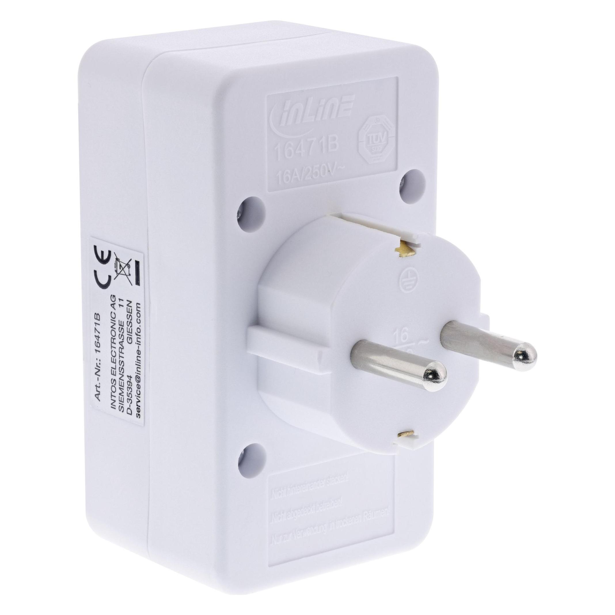 InLine Steckdosenadapter, Schutzkontakt Stecker an 2x Eurobuchse + 1x Schutzkontaktbuchse, mit erhö (CEE 7/3, 3x) (16471B)