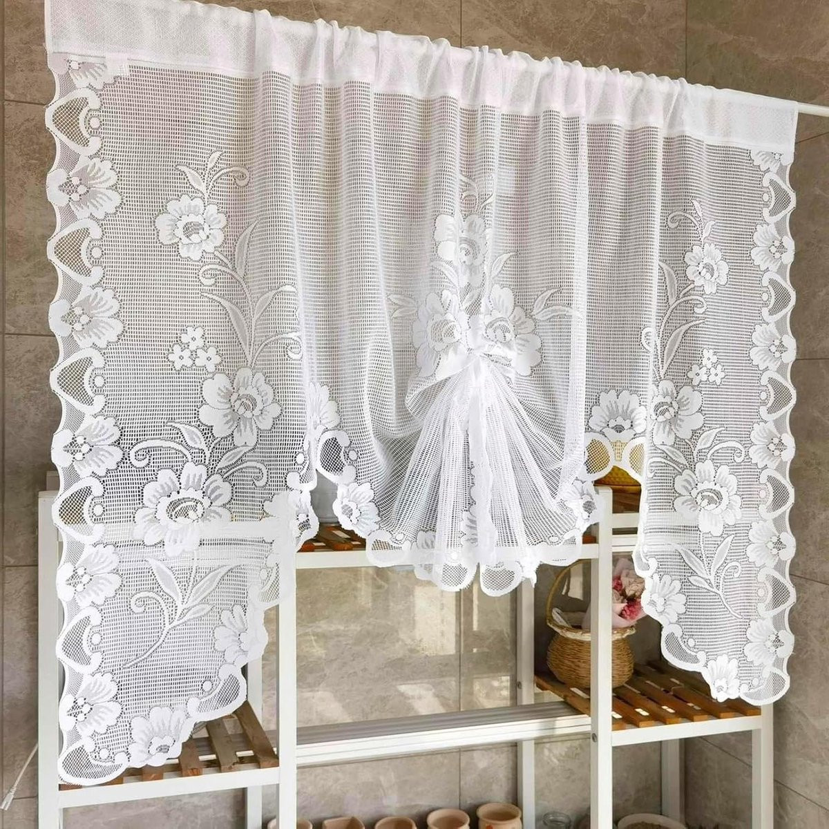 Wit semi-transparant vitrage gordijn voor keuken decoratie - Breedte: 100 cm, Hoogte: 180 cm
