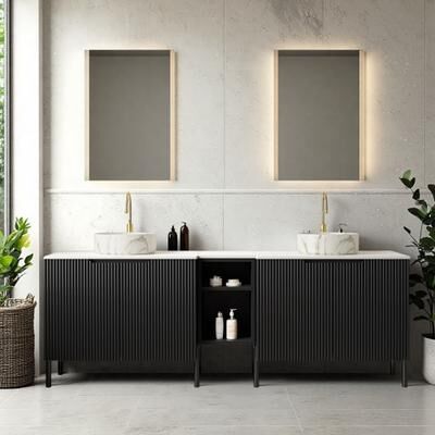 ZWYO HOSIMU 72 in MDF Freestanding Double Bathroom Vanity with Ceramic Basins, 2 Cabinets, Open Shelf & Soft-Close Doors