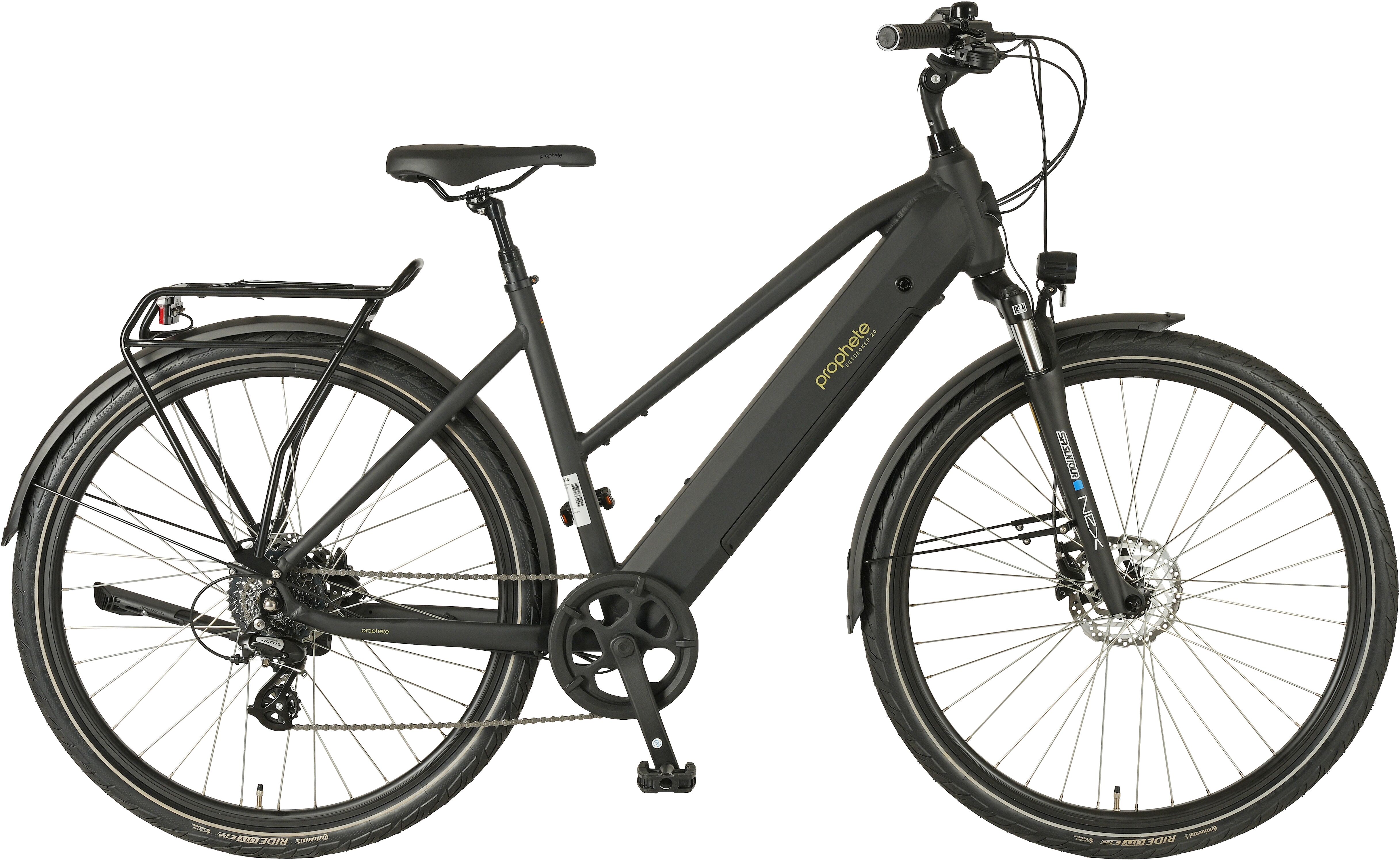 E-Bike PROPHETE "Entdecker 2.0" Gr. 50, schwarz (schwarz, schwarz), Elektrofahrräder, 50cm, 28 Zoll (71,12cm), E-Bike