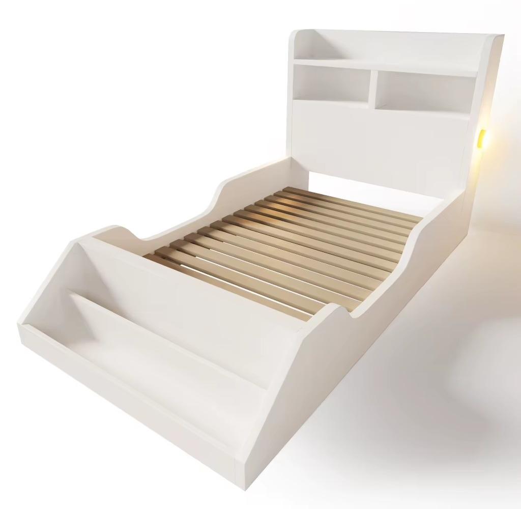 Kinderbett - Einzelbett 90 x 200 cm - Holzrahmen - Stauraum - Nachtlicht - Abnehmbares Bücherregal - Gitterdesign - Weiß