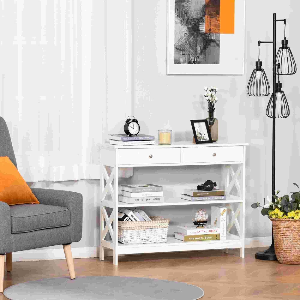 Homcom Console néo-rétro 2 tiroirs 2 étagères blanc Blanc 100x80x31cm