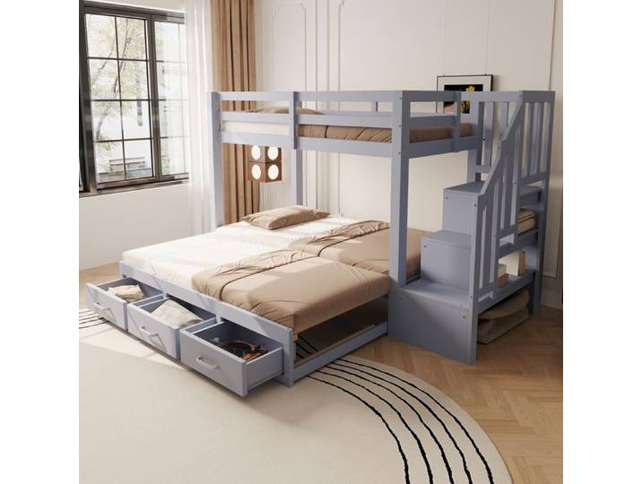 Lit superposé avec lit gigogne - 90x200 (gigogne 180x190) - Pin massif - 3 tiroirs & échelle rangement - Gris