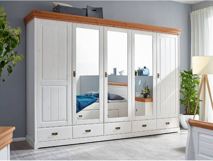 Armoire portes battantes - Type B 315cm Blanc/Pin blanc/Pin couleur miel