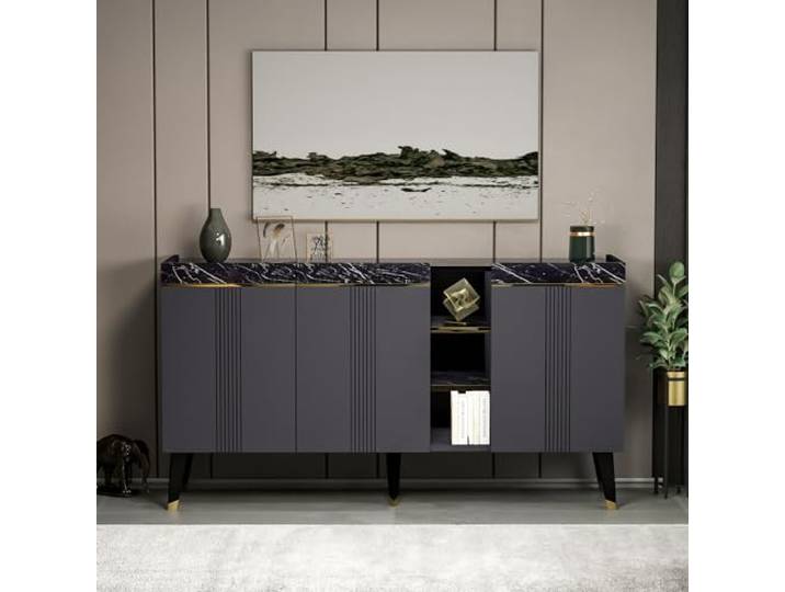 Homidea KARYA Konsole – Kommode – Sideboard – TV Board – mit 3 Türen in modernem Design 150 x 81.8 x 41.8 cm (Konsole - Anthrazit/Marmor)