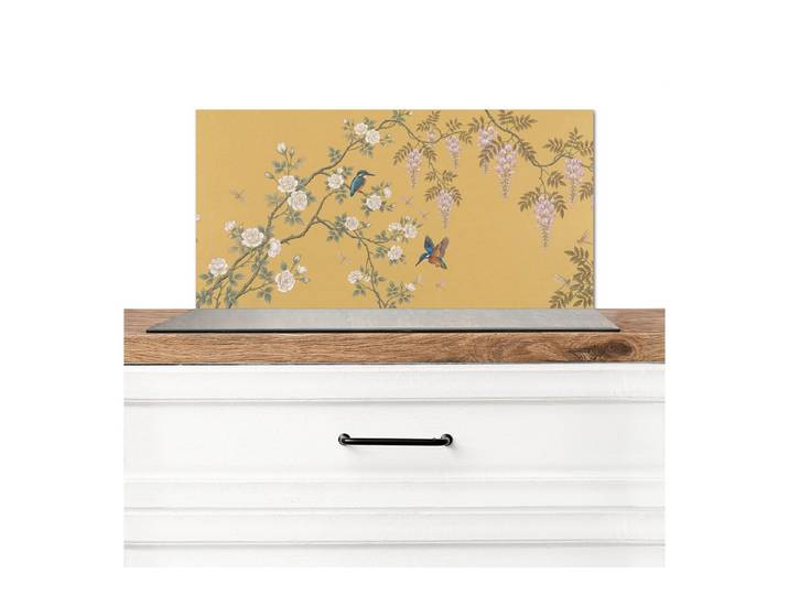KitchenYeah Küchenrückwand Eisvögel - Blüte - Gelb, (1-tlg), Küchenrückwand, Küchen Zubehör, 100x65 cm