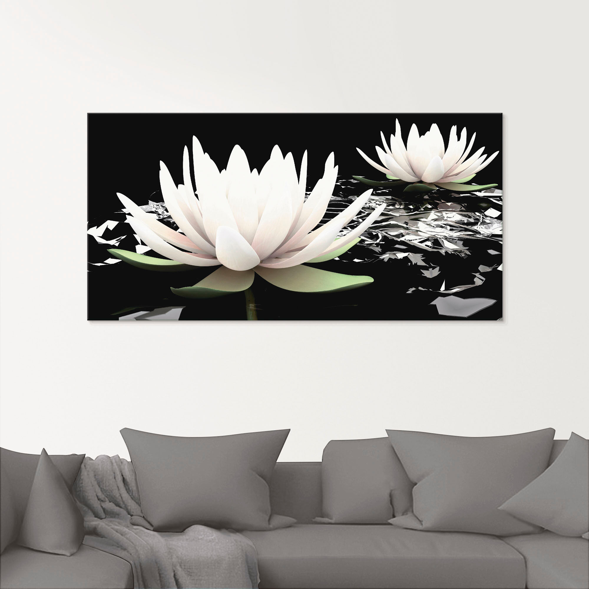 Glasbild ARTLAND "Zwei Lotusblumen auf dem Wasser", schwarz (farbe bild(er): schwarz), B:60cm H:30cm, Bilder, Glasbild, in verschiedenen Grössen farbe bild(er): schwarz B/H/T: 60cm x 30cm, Glasbild Blumen, 1 Stk.