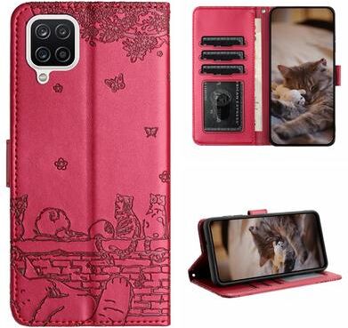Inspired Deals Cute Cat Embossed Wallet Phone Case For Samsung Galaxy With Card Holder And Lanyard For Samsung Galaxy A12 red