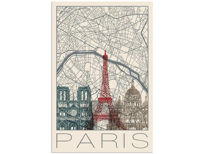 Wandbild ARTLAND Retro Karte Paris Frankreich und Skyline , beige (farbe bild(er): naturfarben), B:20cm H:30cm, Bilder, Wandbild, als Alubild, Poster in verschied. Grössen