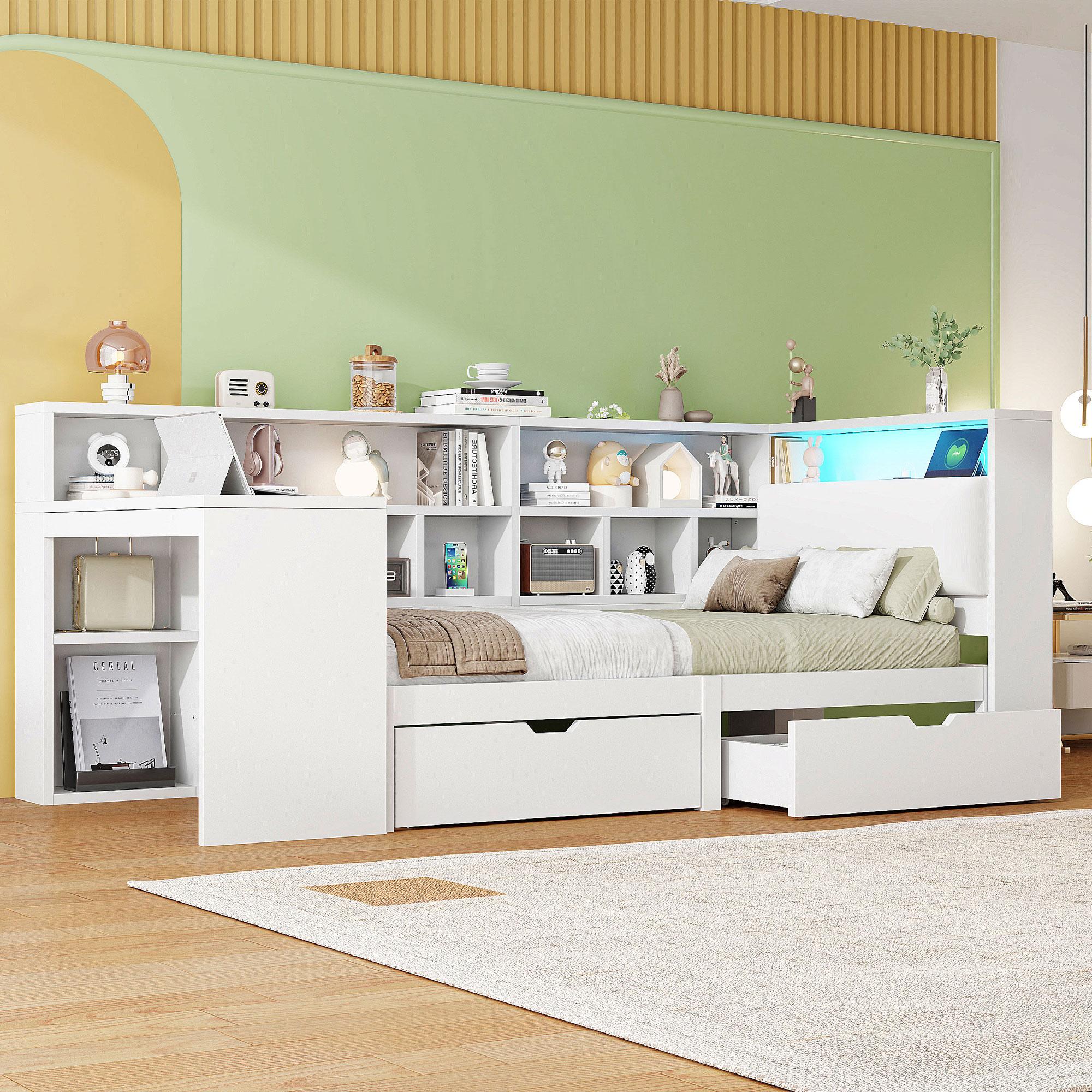 90x200 L-förmiges Holz-Plattformbett mit Schreibtisch und Bücherregal, Eck-Kapitänsbett mit gepolstertem Kopfteil, Schubladen unter dem Bett, LED-Licht - Weiß