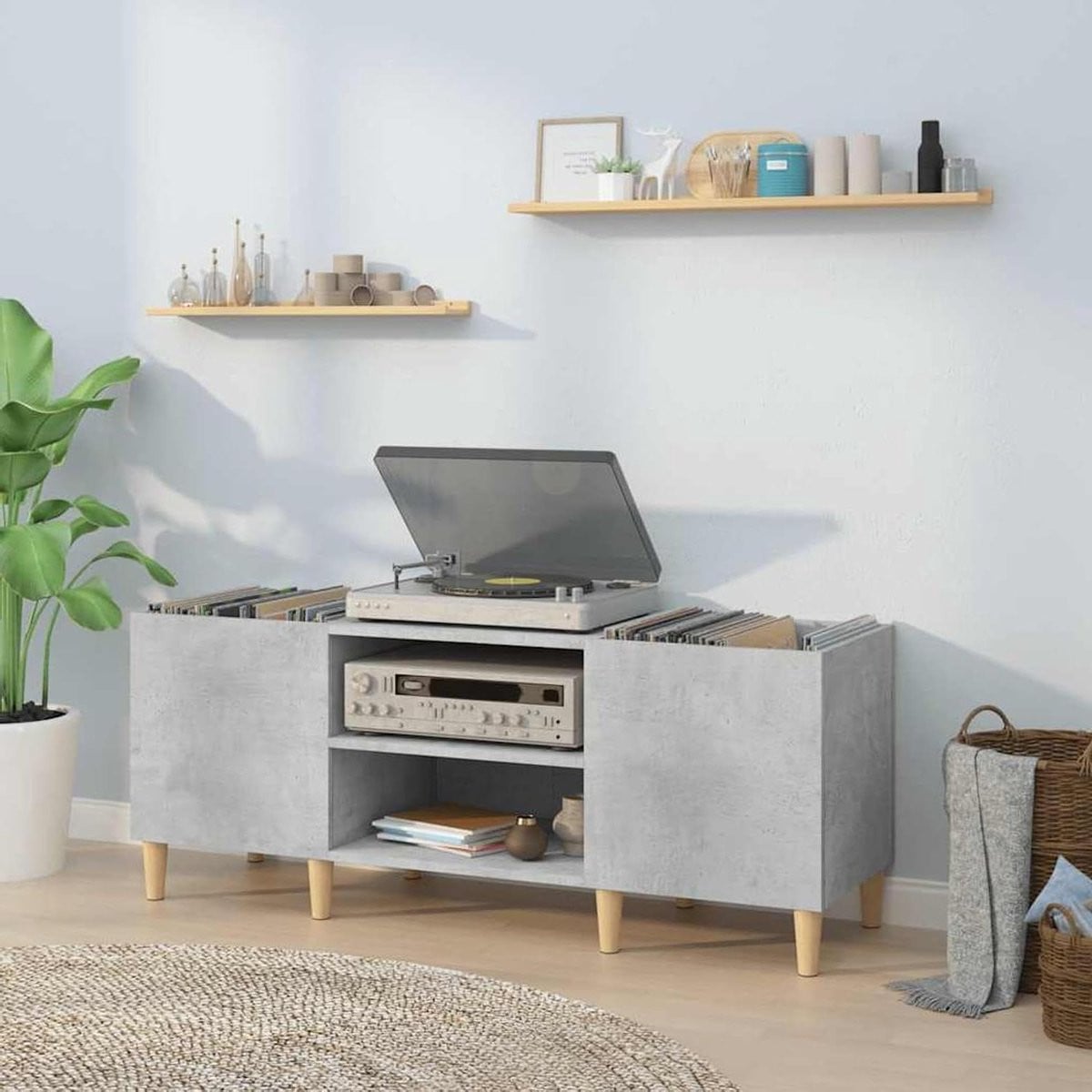 Muziekmeubel LP Platenkast met houten poten van massief eucalyptus hout