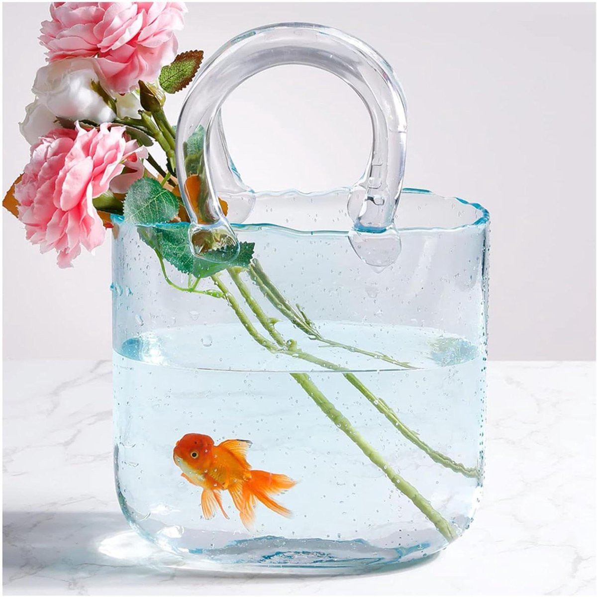 Handgeblazen blauwe glazen tasvaas met bubbels voor het schikken van bloemen, Hoogte: 26 cm