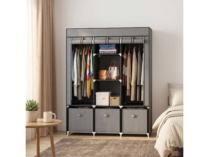 HOMCOM Armoire Tissu Pliable 5 Étagères 3 Tiroirs