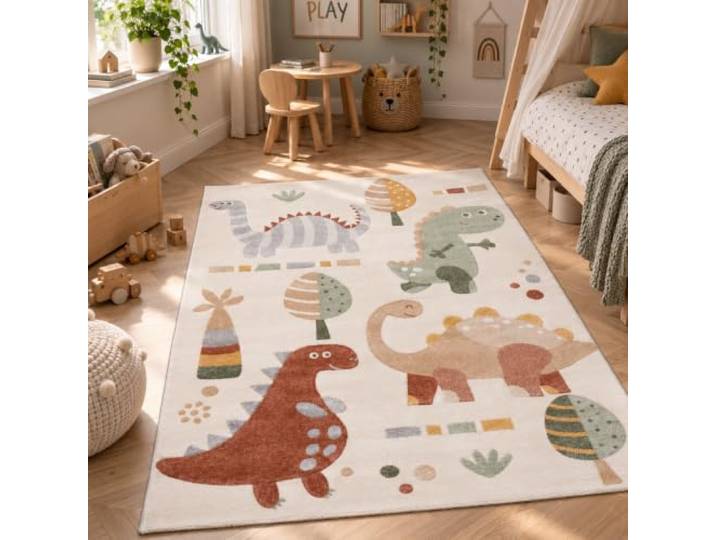 Pergamon Kinder Teppich Maui Kids Dinos Beige Grün - Weicher Spielteppich mit Dinosaurier-Motiven für Kinderzimmer & Spielzimmer, Pflegeleicht und Farbbrillant