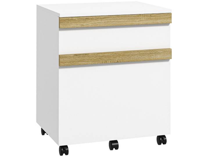 ComfortXL Rollcontainer De-14502 2 Schubladen mit Sortierer Weiß/Eiche, 40x59.5x48 cm, Büromöbel, Schreibtischcontainer, Rollcontainer