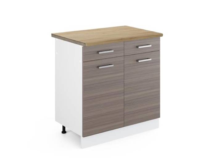 Vicco Küchenunterschrank R-Line, Edelgrau, 80 cm 2 Schubladen · Arbeitsplatte Eiche · Höhenverst. Füße · 2 Türen · Leichter Zugriff