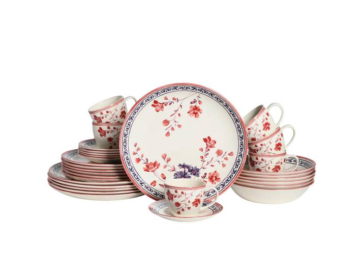 Creatable Kombiservice Cottage, Mehrfarbig, Keramik, 30-teilig, Blume, 200 ml,200 ml, handbemalt, lebensmittelecht, stapelbar, Essen & Trinken, Geschirr, Geschirr-Sets, Kombiservice
