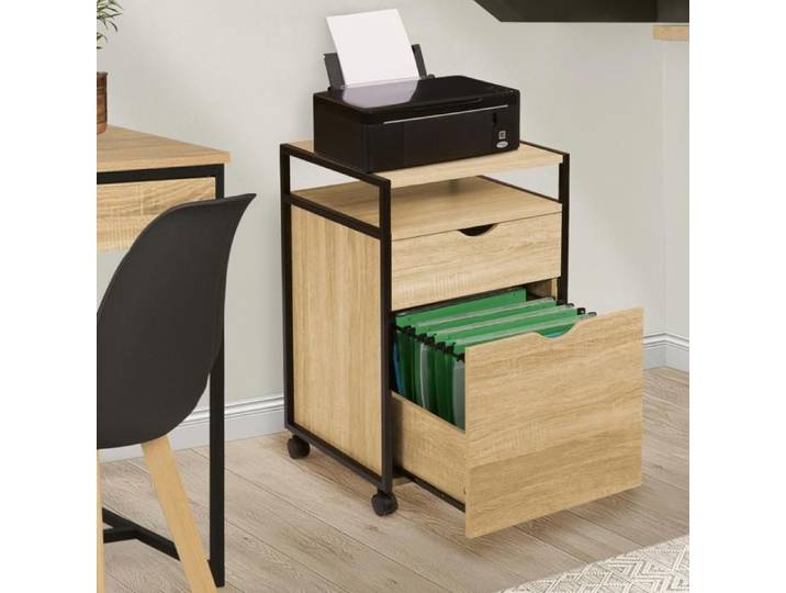 IDMARKET Caisson de bureau support imprimante DETROIT 2 tiroirs design industriel