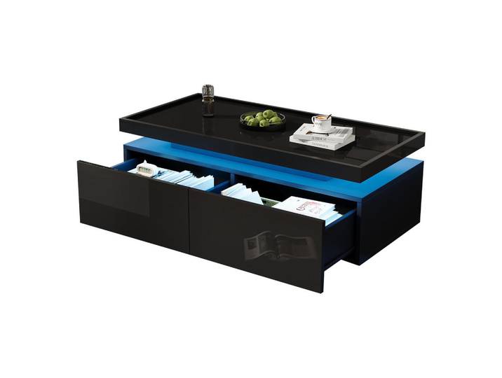 Flieks Couchtisch LED Schwarz 2 Schubladen 95x45x35cm Geometrisch, 45x35x95 cm, Wohnzimmer, Wohnzimmertische, Couchtische