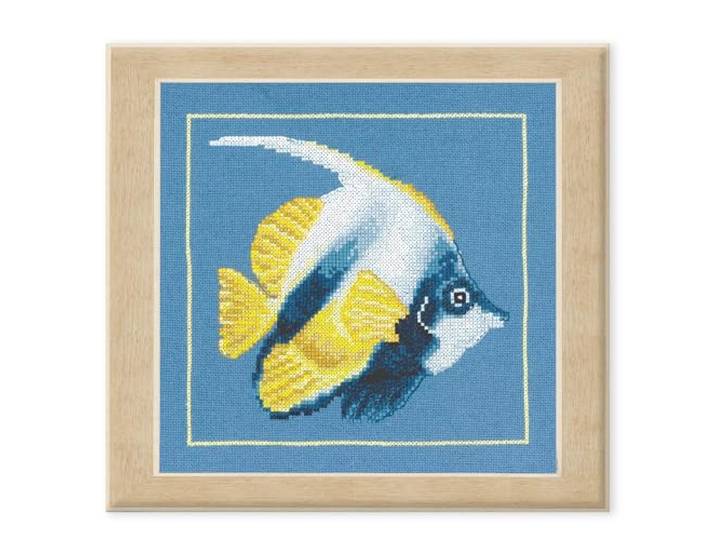 LANARTE Borduurpakket Kruissteek Schilderij GELE MAANVIS Handwerkpakket voor Wanddecoratie 21 x 20 cm Borduurwerk met Telpatroon DIY Kit Moderne Kruissteek Cadeau Knutselen Voor Volwassenen